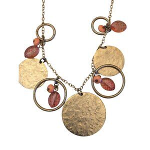 Hammered Gold-Tone Necklace With Pink Beads & Circular Accents